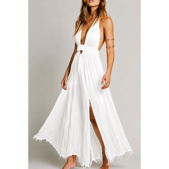 Free People Dresses & Skirts - NWOT Free People Ivory Raw Hem Plunge Halter Maxi Dress | Boho Beach Goddess, Sm